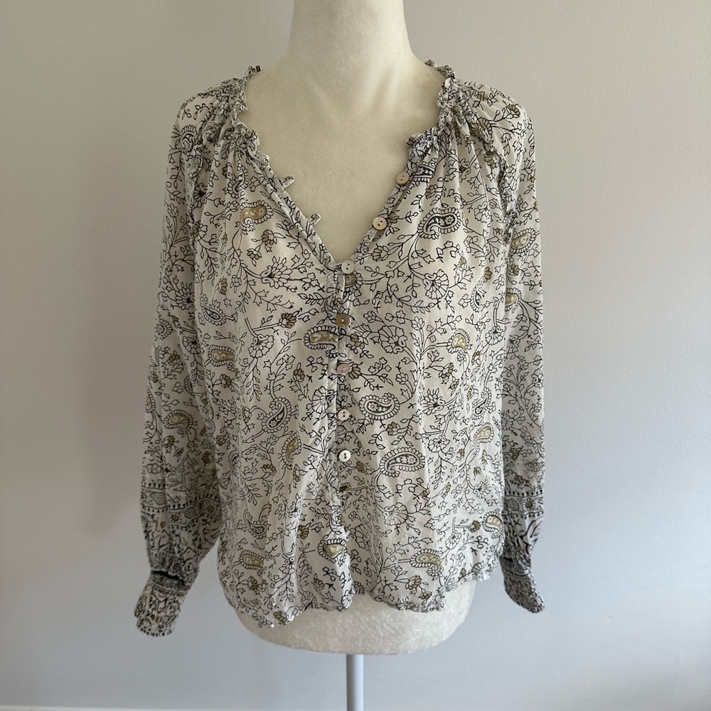 Cleobella Paisley Print Button-Up Blouse in Cream and Gray